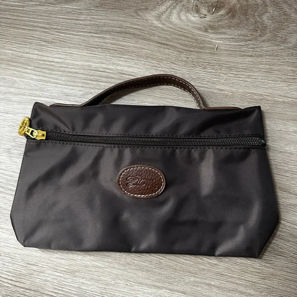 Longchamp vinyl black handle leather cosmetic travel bag zipper 10
